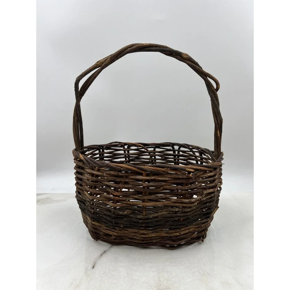 Rustic Woven Grapevine Basket with Twisted Handle Brown Oval Farmhouse Decor